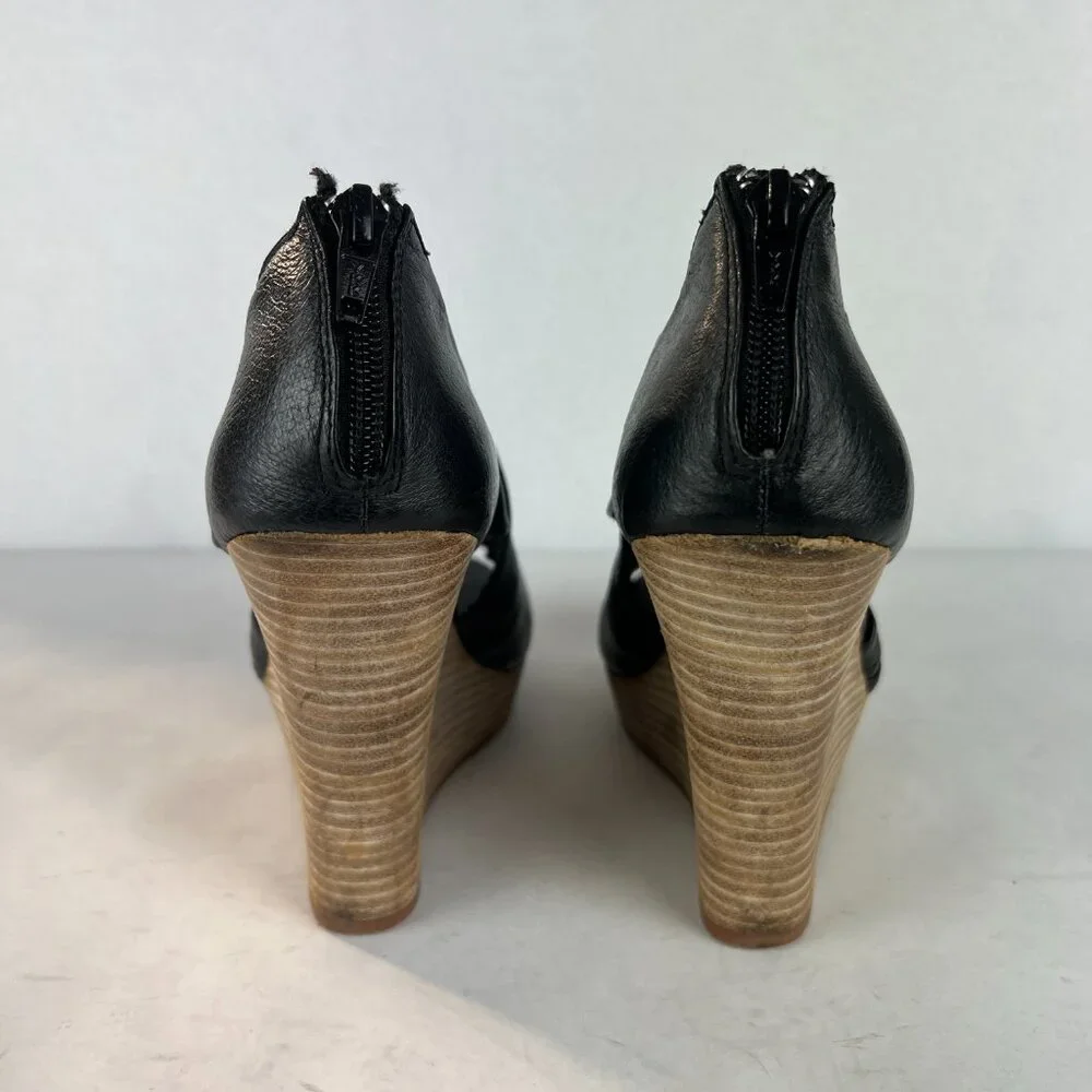Seychelles Sandals Womens 8.5 Black Leather Wedge Stacked Heel Criss Cross‎